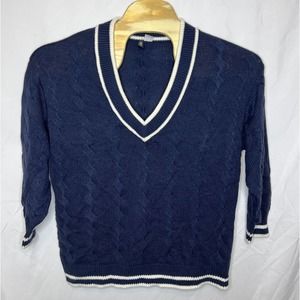 DIVIDED by H&M V-Neck Pullover Navy Blue & White V-Neck Cable Knit Sweater Sz-M‎